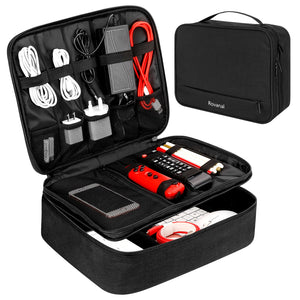 Electronics Organizer, Waterproof Travel Cable Organizer Bag for Electronic Accessories Double Layer Large Shockproof Cable Storage Bag for Cord,Powerbank (Up to 12.9 inch) Black