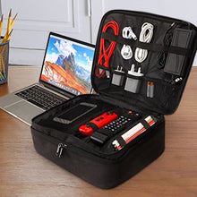 Load image into Gallery viewer, Electronics Organizer, Waterproof Travel Cable Organizer Bag for Electronic Accessories Double Layer Large Shockproof Cable Storage Bag for Cord,Powerbank (Up to 12.9 inch) Black
