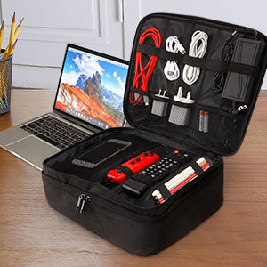Electronics Organizer, Waterproof Travel Cable Organizer Bag for Electronic Accessories Double Layer Large Shockproof Cable Storage Bag for Cord,Powerbank (Up to 12.9 inch) Black